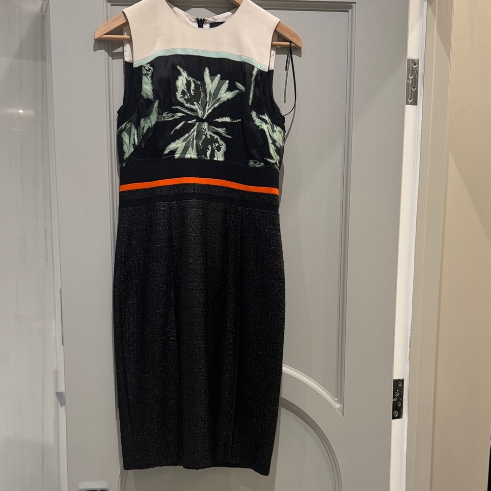 J Mendel Chic Black and Cream Midi Dress with Floral Accents